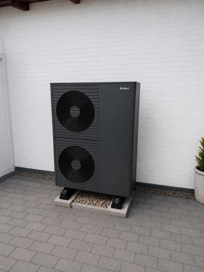 Von Stibbe Heizungsbau installierte Vaillant Luft-Wasser-Wärmepumpe an einer Hauswand